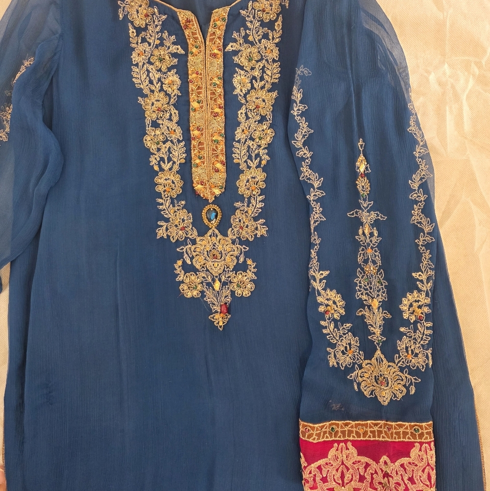 Chinyere - Blue Embroidered Chiffon Dress - Festive Wear - Shalwar Kurta/Kameez - Picture 4 of 5